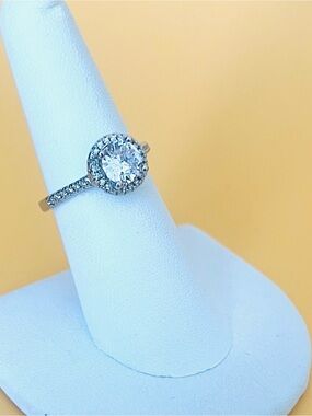 Silver .925 Halo Solitaire adjustable Ring with Pavé Band - White